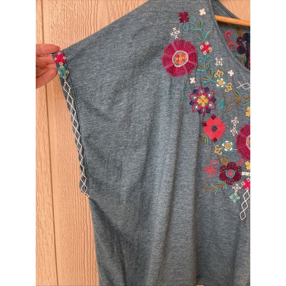 Johnny Was RELAXED Tunic Shirt Teal Floral Size M Cotton Two Sided Flowy Boho - Picture 2 of 8